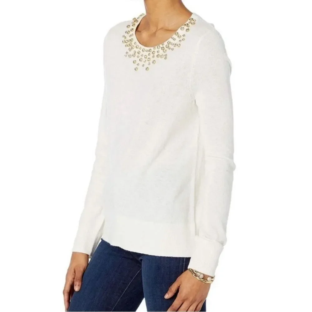 Lilly Pulitzer Coconut Odetta Sweater Wool Blend Rhinestone Neckline Size Large - Picture 6 of 13